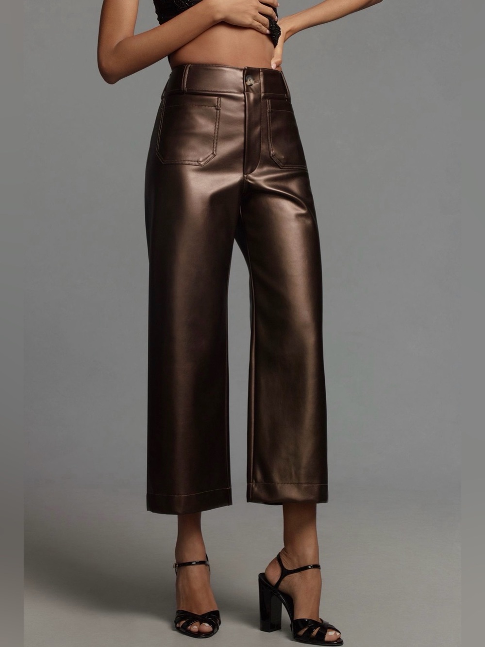MAEVE Colette Faux-Leather High-Rise Wide-Leg Cropped Pants Brown Bronze 27